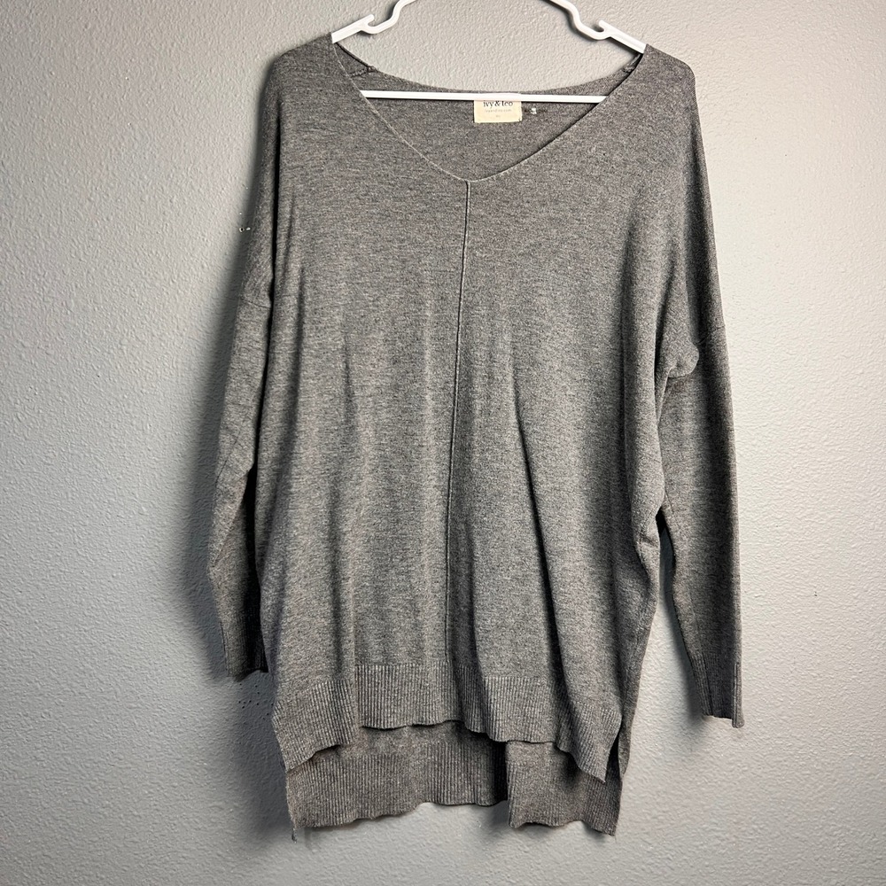 Ivy & Leo Gray V-Neck Oversized Boat Neck Lounge High-Low Knit Sweater M/L